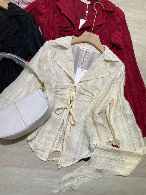 Collor Down Lace Tie Up Long Sleeves Tops